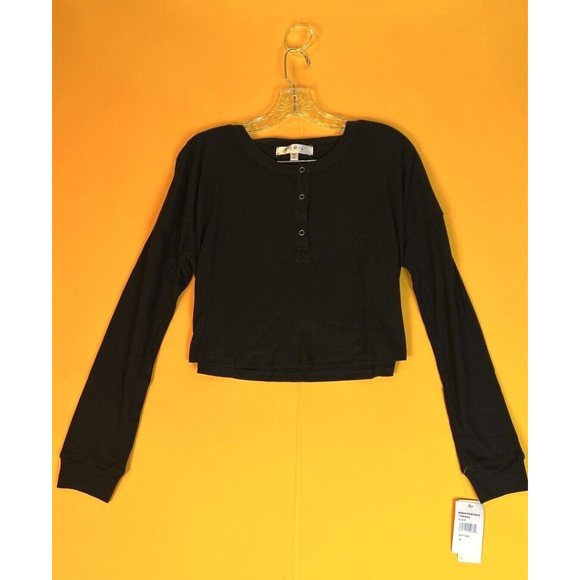 Row A Cropped Henley Knit Top Womens M Black Long Sleeve Pullover Casual NWT - Picture 1 of 6